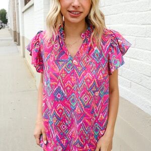 Bright Pink Printed Flutter Sleeve Top